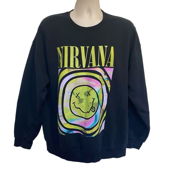 Golden Heavy Blend Nirvana Smiley Face Sweatshirt Black Sz XL - Picture 1 of 11